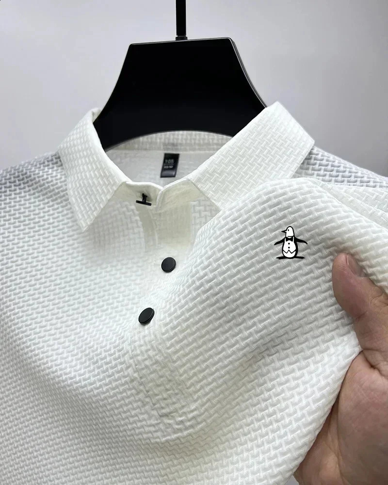 Summer Mens Ice Silk Polo Shirt Solid Hollow Short Sleeve Polo Shirt Mens Business T-shirt Ultra Thin Fit Polo Top 250317