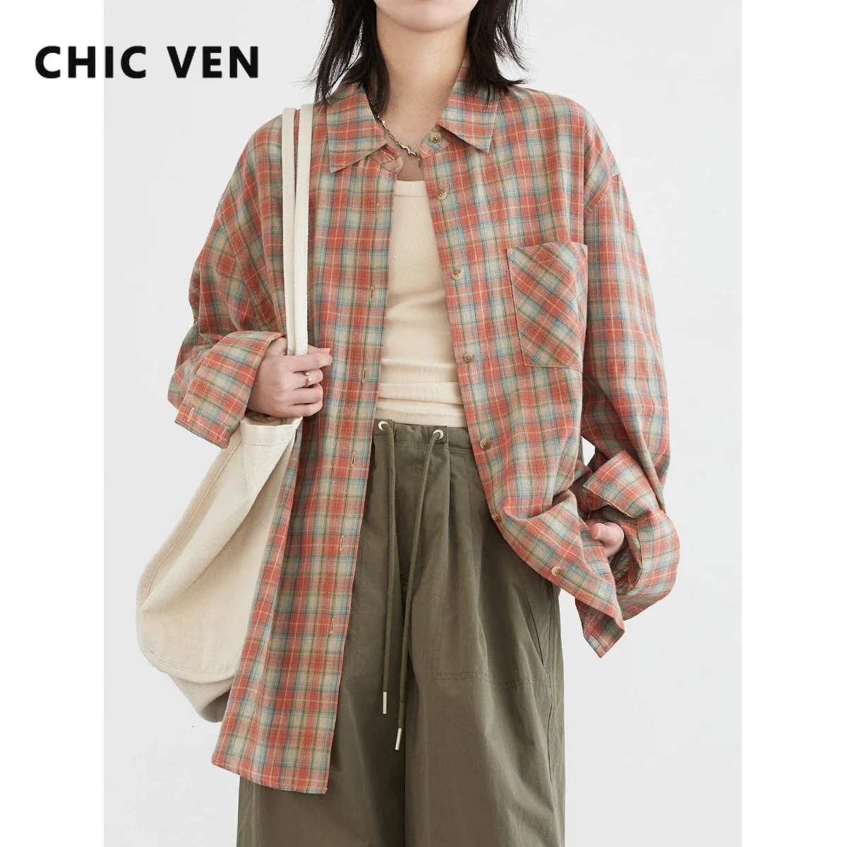 CHIC VEN Women Shirt Loose Single Breasted Casual Cotton Contrast Plaid Female Top Sun Protection Blouses Spring Summer 250314