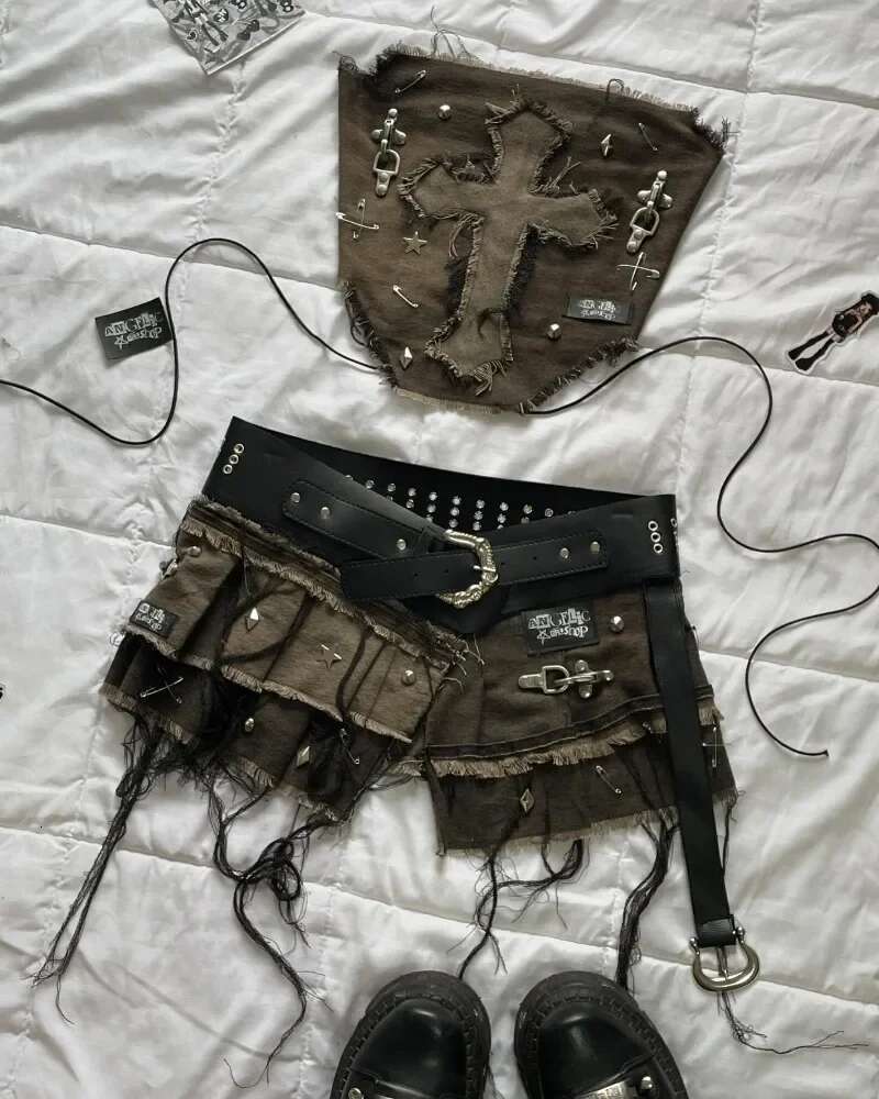 Y2k Denim Ing And Washing To Make Old Two-Piece Woharuku Goth Long-Sleeved Zipper Mini Pleated Skirt Autumn Coat