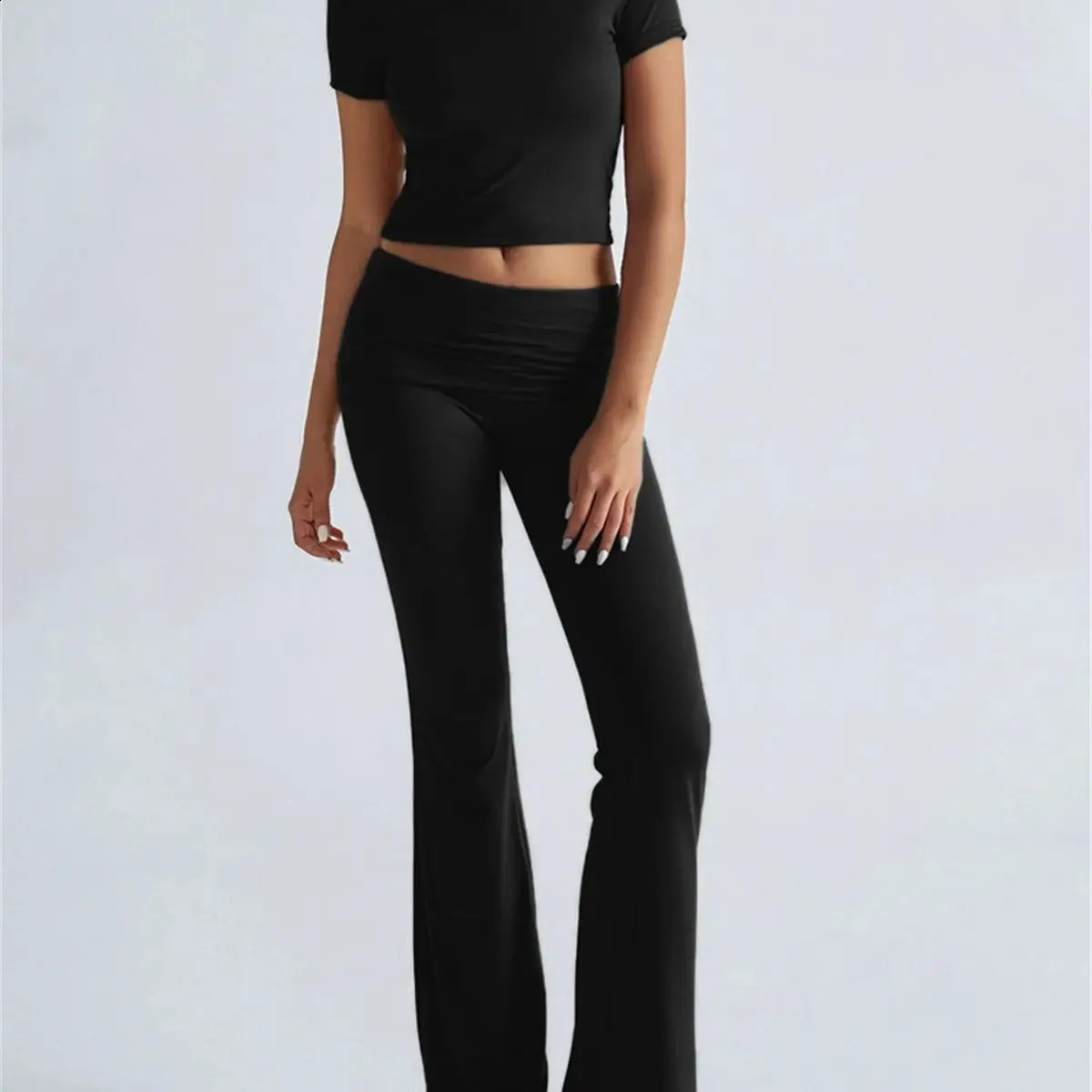 Women Casual Fashion Pants Set O Neck Solid Top High Waist Flare Leggings Gym Running Suit Female Outfit Clothes Yoga Tracksuit 250319