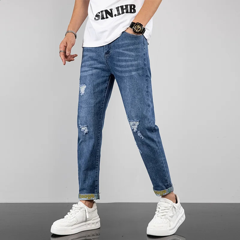 Cowboy Pants Tapered Jeans For Men Trousers Motorcycle Ripped 2024 Trend Spring Summer Korean Fashion Trouser Hem Pint 250312