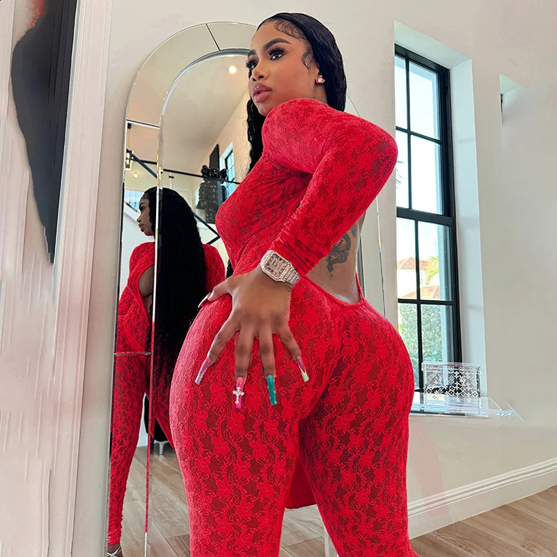 Sexy Mesh See Through Hollow Out Jumpsuits Women Long Sleeve Backless Pencil Pants Outfits Spring Fall Harajuku Y2K Clothes 250319