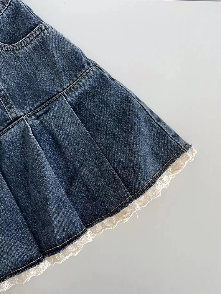American retro Kawaii denim mini skiing womens sexy Gyaru lace patch work high waisted pleated jeans Y2k shorts for summer 250317