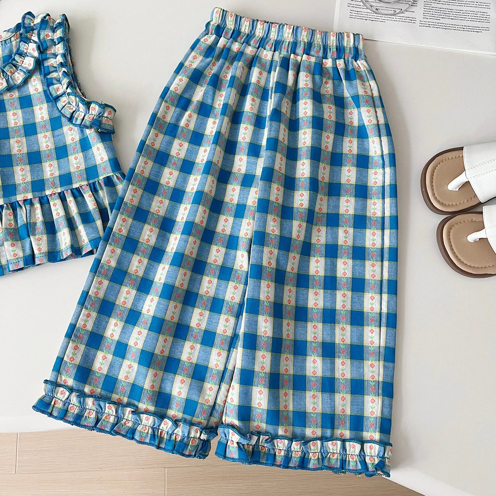 Summer girls set fashionable floral plain round neck vestwide leg pants childrens clothing twopiece 250312