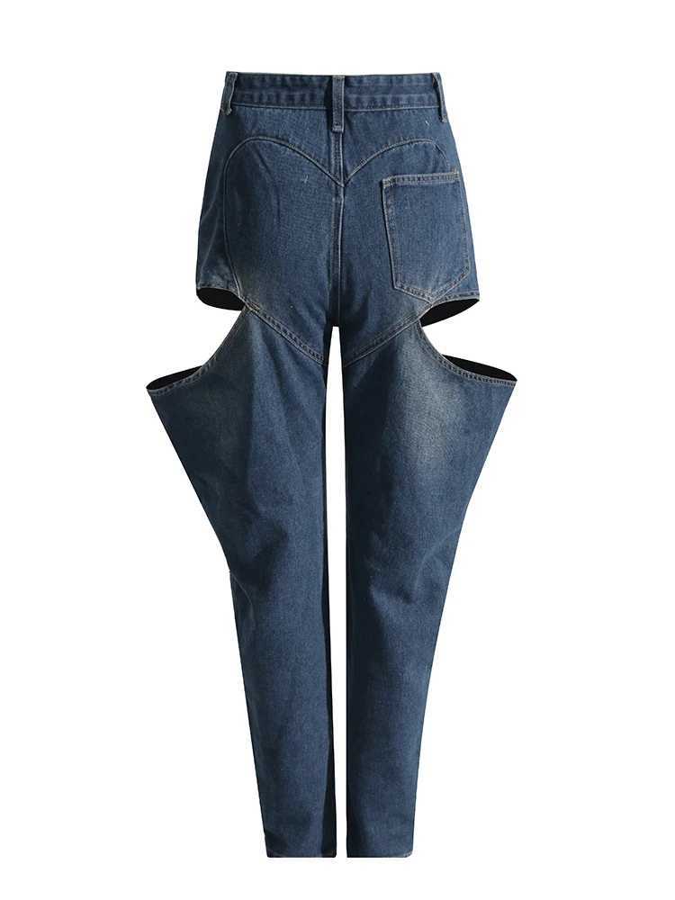 VGH Streetwear Womens Hollow Jeans High Waist Retro Casual Loose Straight Leg Jeans Womens Fashion ClothingT250319
