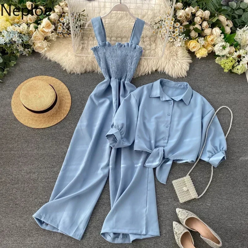 Neploe Summer Holiday 2 Pcs Women Set Sexy Slim Waist Pleat Wide Leg Jumpsuit Turn Down Collar Short Sleeve Shirt Suit 250319