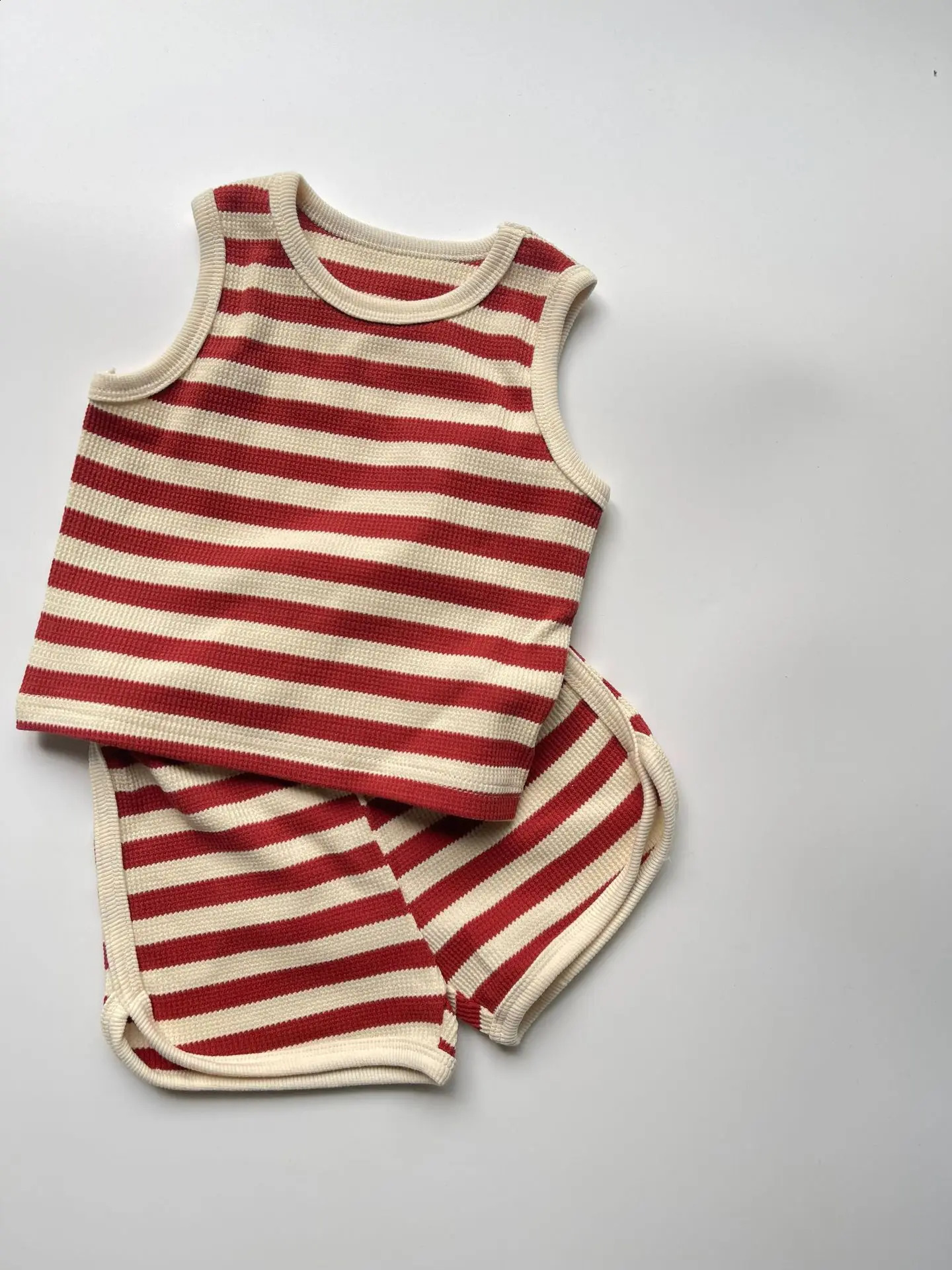 Summer Boy Girl Children Waffle Striped Sleeveless Tops Shorts 2pcs Baby Cotton Loose Thin Vest Suit Kid Casual T-shirt Set 250319