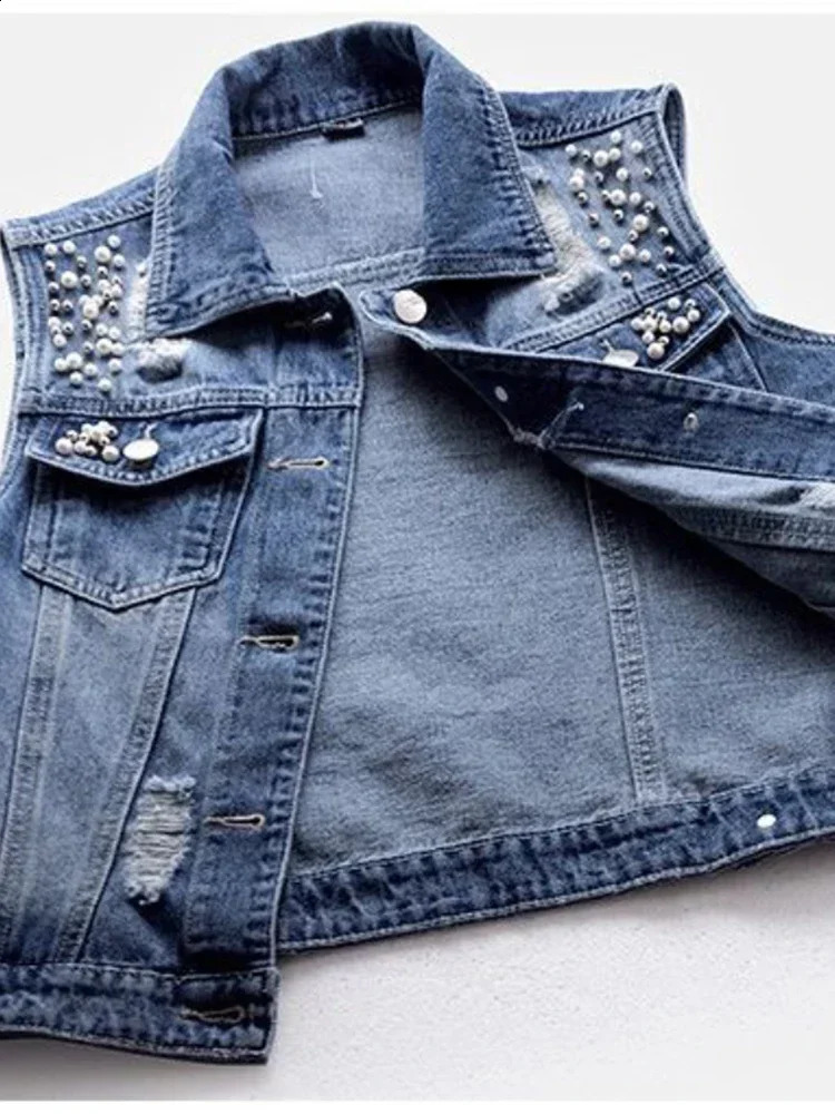 Denim Womens Tank Top Pearl Fashion Open Skirt Autumn Jeans Jacket Shoulder Strap Waist S5XL 250319