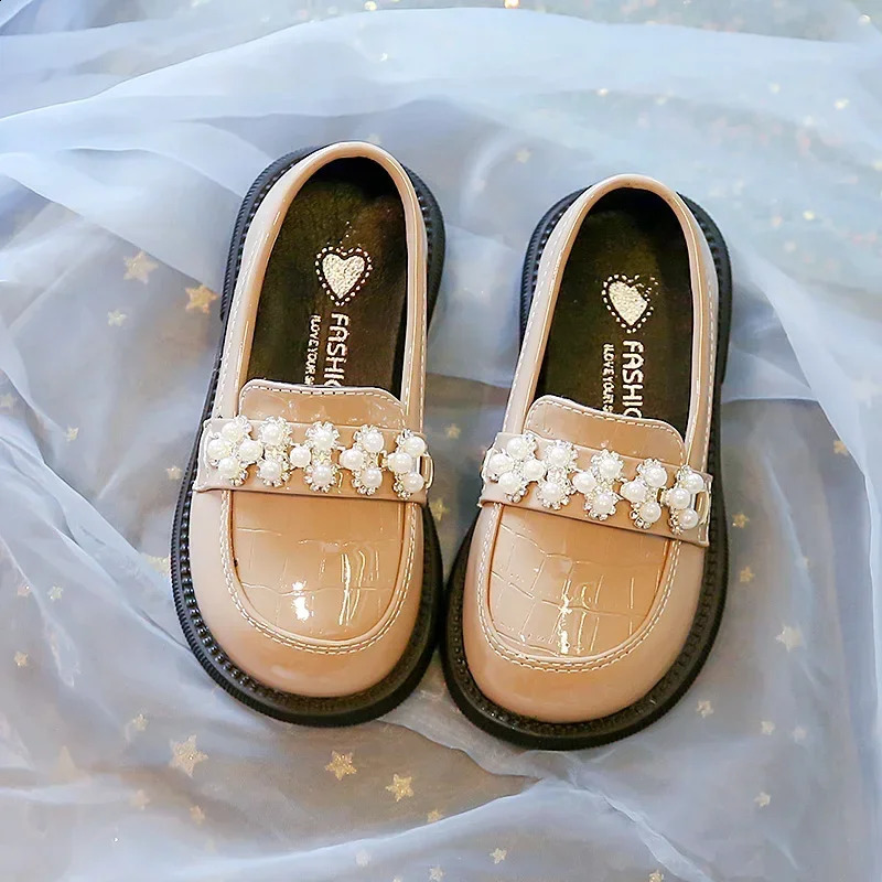 Kids PU Leather Shoes Spring Autumn Fashion Girls Pearls Casual Princess Flats Soft Loafers Simple Children Black Beige 250319