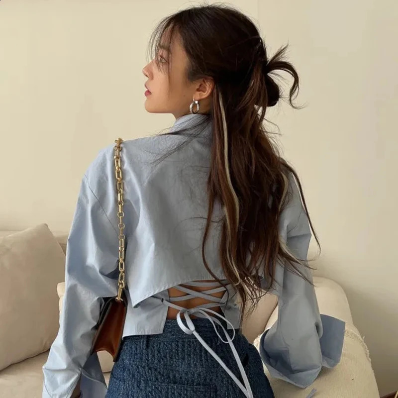 Gidyq Korean Bandage Shirt Women Fashion Backless Sexy Blouse Office Ladies Casual Slim Chic Turn Down Collar Long Sleeve Tops 250319