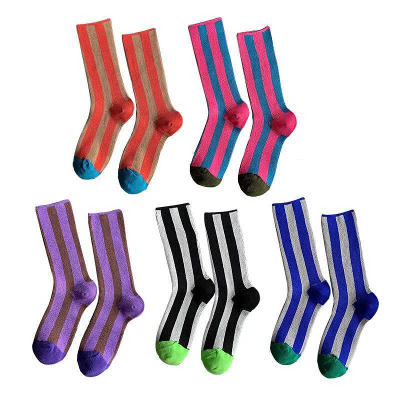 1 pair of high saturation dopamine colored striped Ins fashionable skateboarding style vertical striped mid length socks X250319