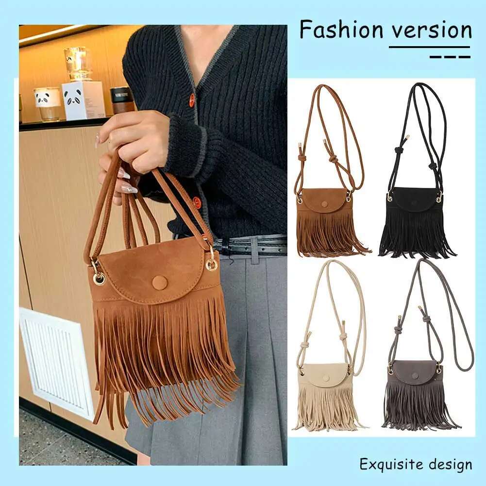 Fringe Design Messenger With Adjustable Strap Everyday Trendy Leather Shoulder Bag Tassel Solid Color Versatile