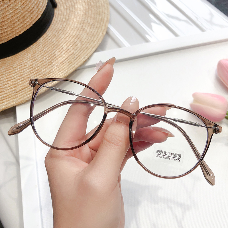 Round Anti Blue Light Flat Lens Cold Tea Colored Female Student Myopia Lens Frame Matched with Degree Bare Color Glasses Frame Women's Lightweigh