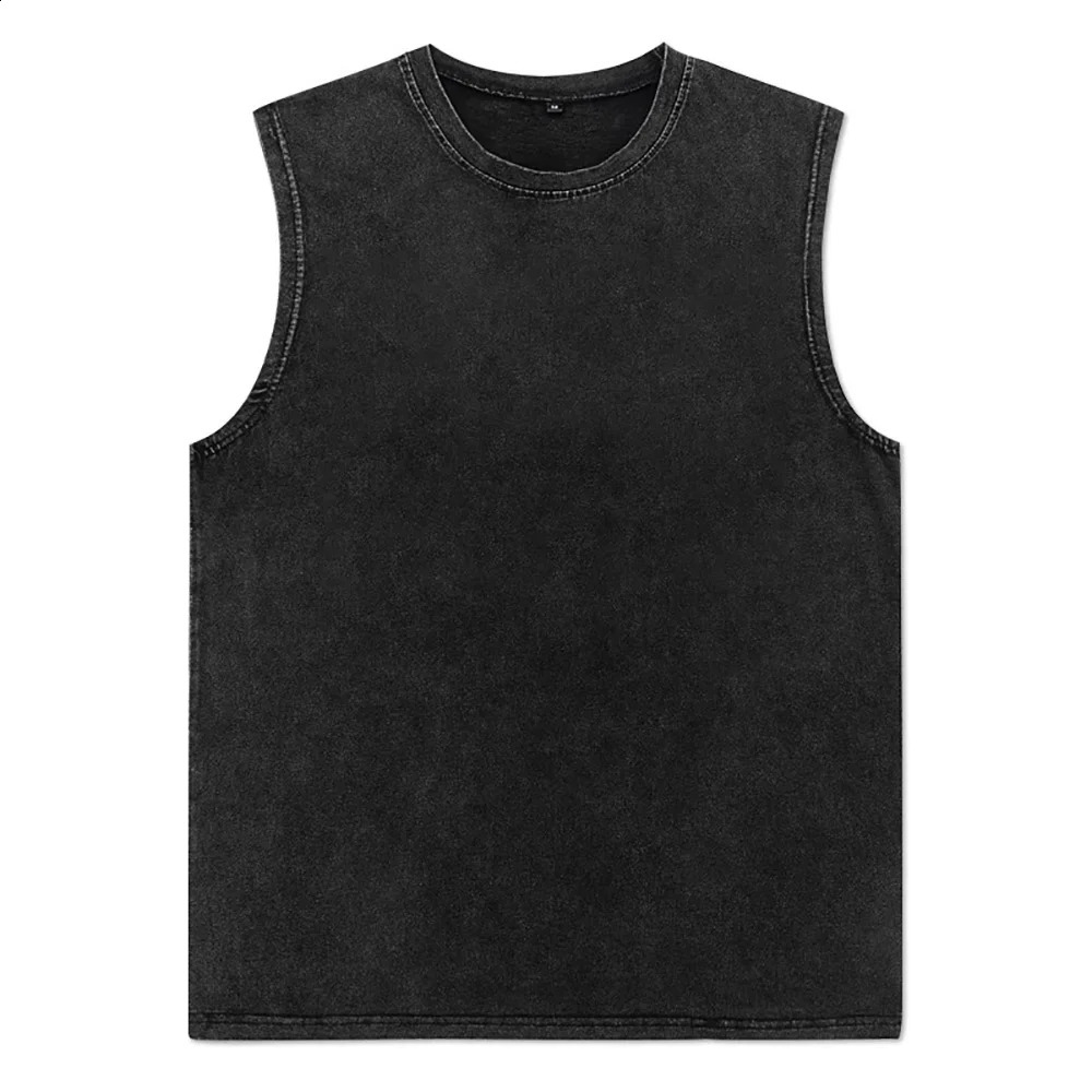 Summer washing vest top retro Harajuku hiphop streetwear fashionable casual short sleeved loose cotton black Tshirt unisex 250319