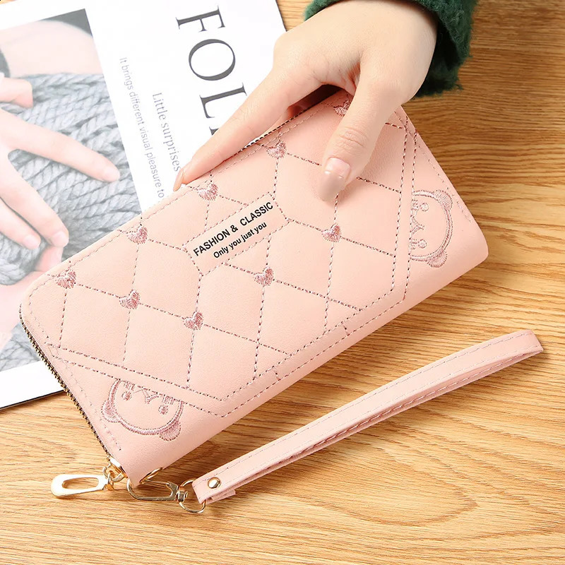 Womens long wallet Pu leather card holder large capacity buckle zipper coin wallet multi card organizer mobile phone bracelet handbag 250318