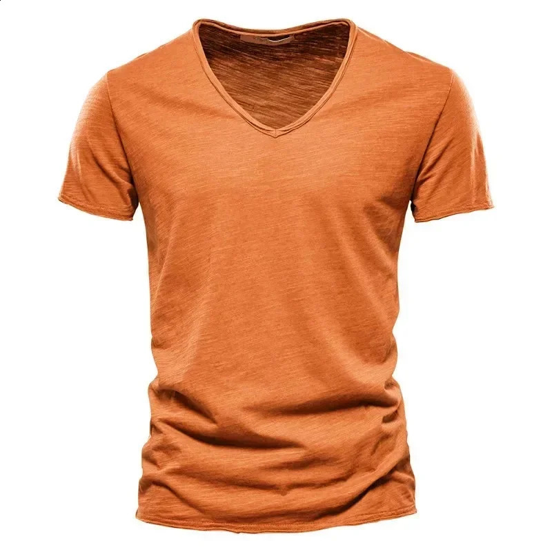 2024 Summer Mens Solid Color Vneck Pure Cotton Short sleeved Tshirt Selling 250318
