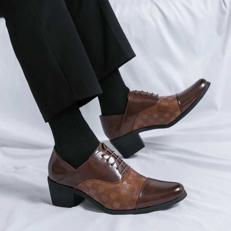 Fi brown dress shoes mens high heels Pointed Plus size 46 leather shoes mens Pahwork checkered mens wedding shoes height increaseXJ250319