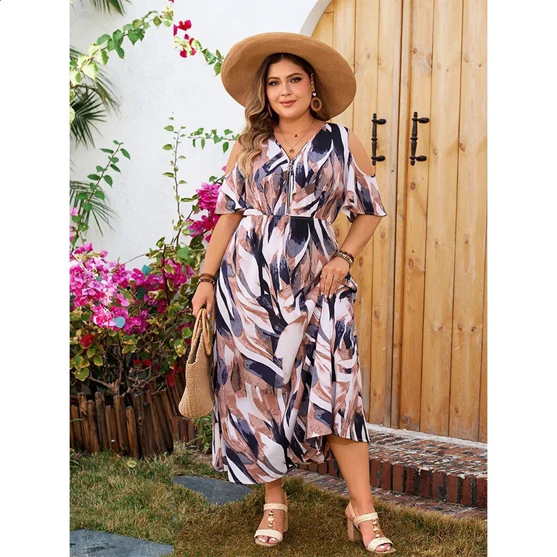 Plus size cold shoulder zipper Vneck womens dress short sleeved Aline bohemian pants casual loose vacation suit 250319