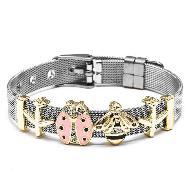 High Quality 10mm Stainless Steel Mesh Bracelets With Bees Beads Charm Keeper Bracelets Bangles For Women Fashion Jewelry Gift