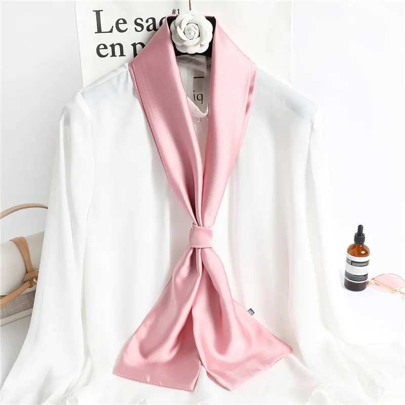 Solid color collar long hair scarf Fem silk satin neck scarf 14 * 145CM fashionable belt flat bag scarf 2023 X250319