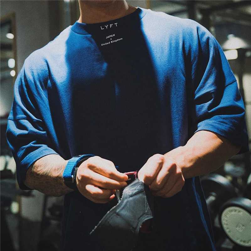 JAPAN UK Cotton Gym Shirt Sport T Shirt Men Short Sleeve Running Shirt Men Workout Training Tees Fitness Loose large size M-XXXLT250318