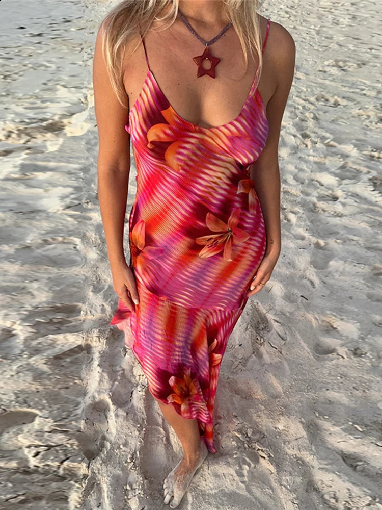 Printed Backless Womens Slip Dresses French Retro Romantic Irregular Hem Ruffles Edges Sexy Summer Y2K Suspender Long Dress 250319