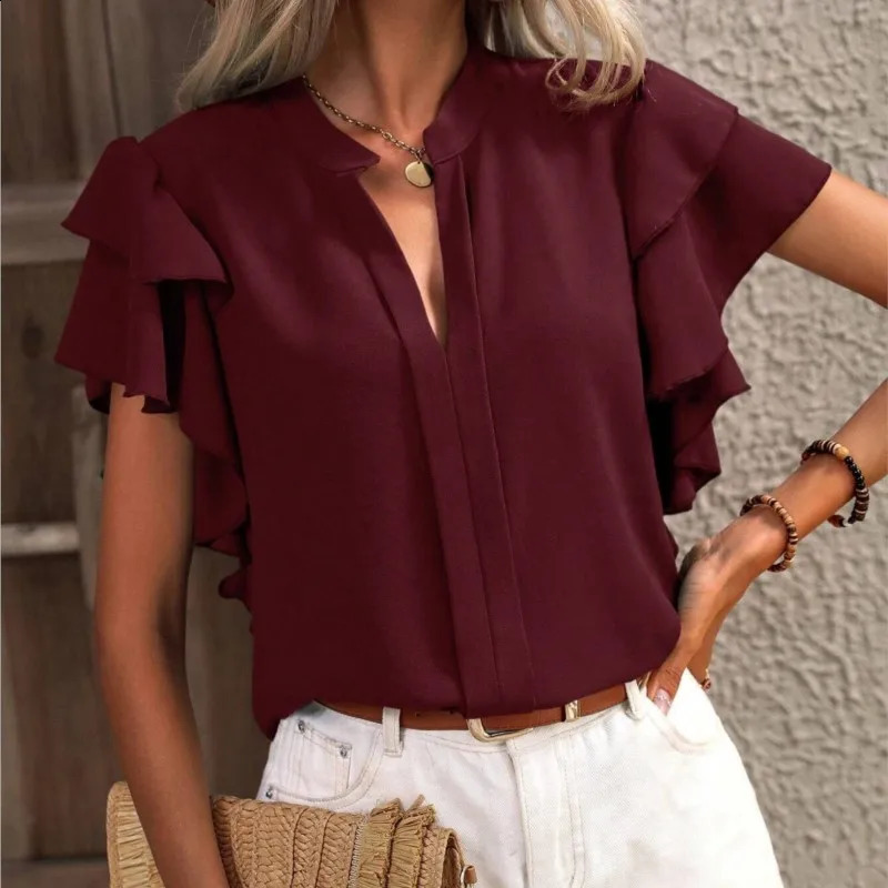 Rose red elegant floral shirt 2024 womens summer Vneck casual doublelayer pleated sleeves solid color top 250319