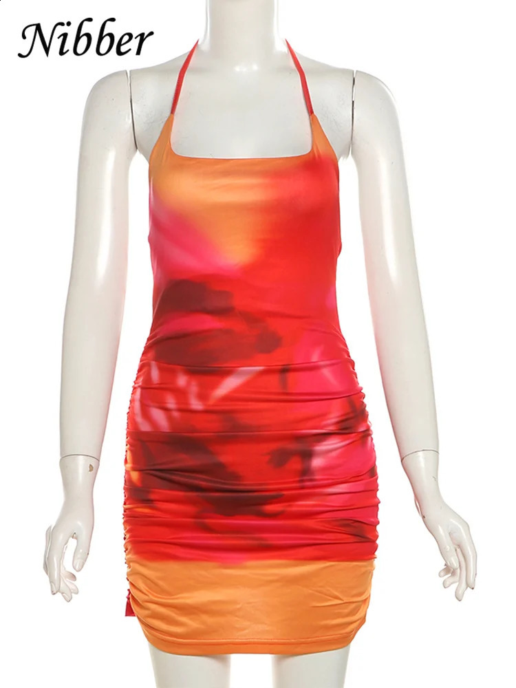 Nibber Spaghetti Strap Sexy Dress Women Y2K Backless Peach Hip Lace Up Bodycon Gradient Print Summer Beach Vacation Clubwear 250319