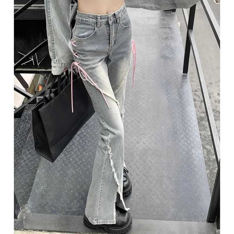 2024 Womens High Waist Y2k Flare Jeans Girls Pink Strap Harajuku Bell Bottom Pants Lady Fashion Spliced Light Blue Denim TrousersT250319