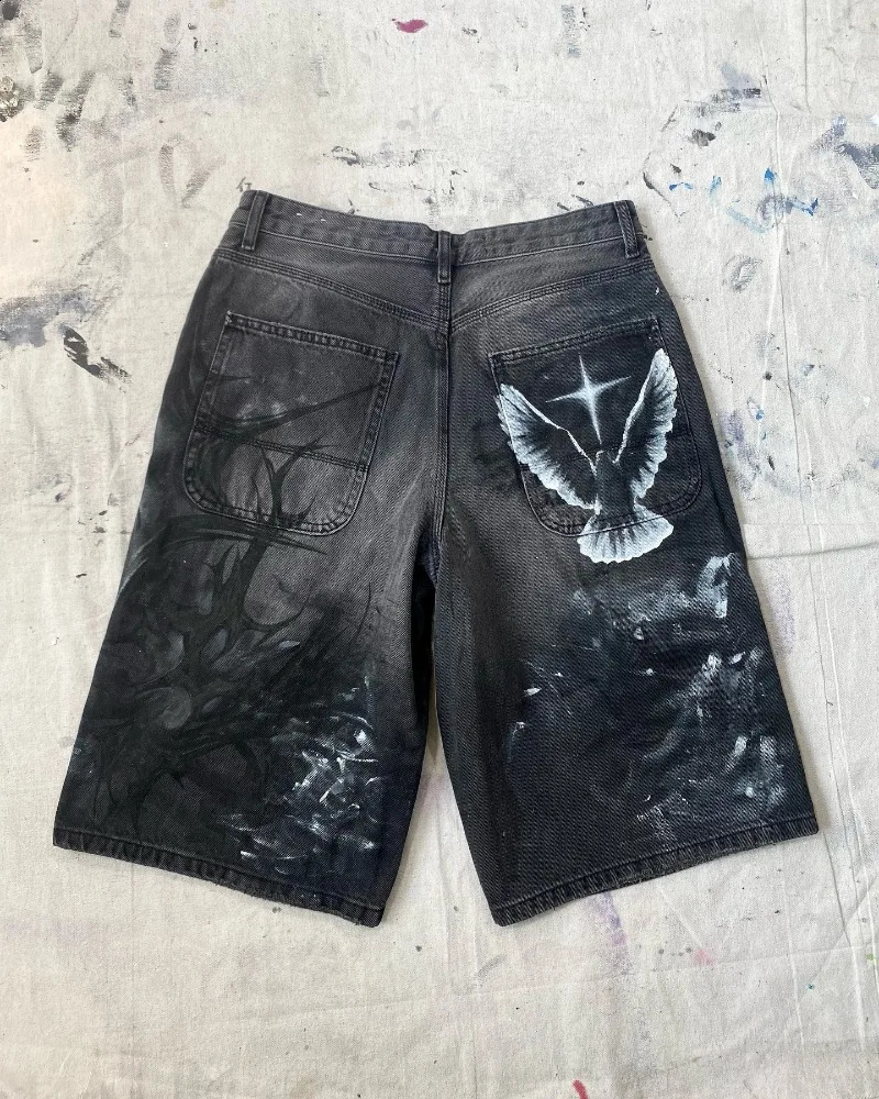 Y2K Harajuku Fashion Oversized Geometric Print Denim Short Men Vintage Gothic Hip Hop Casual Joker High Waist Shorts 250319