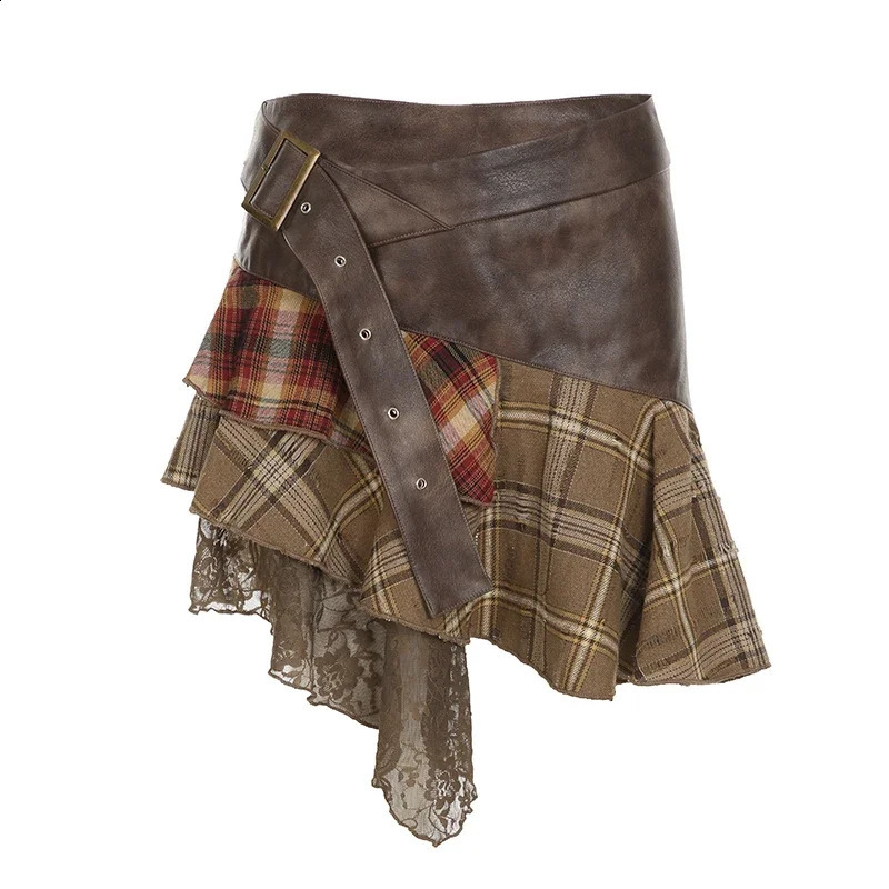 retro fashion street asymmetric women mini skirt lace striped plaid leather irregular fashion stylish skirt 250313