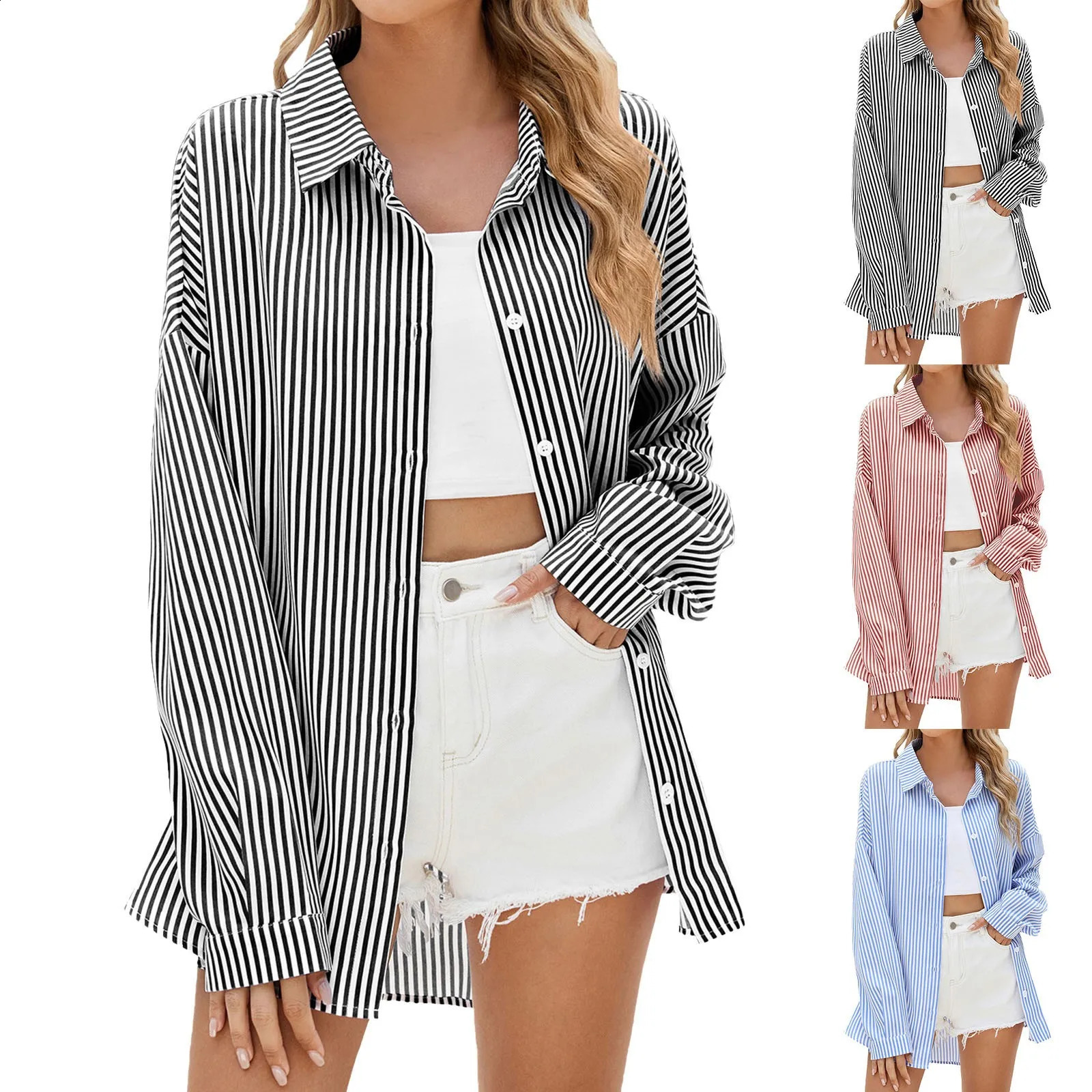 linen button down casual womens shirt blue pink striped shirt long sleeved V-neck top 250318
