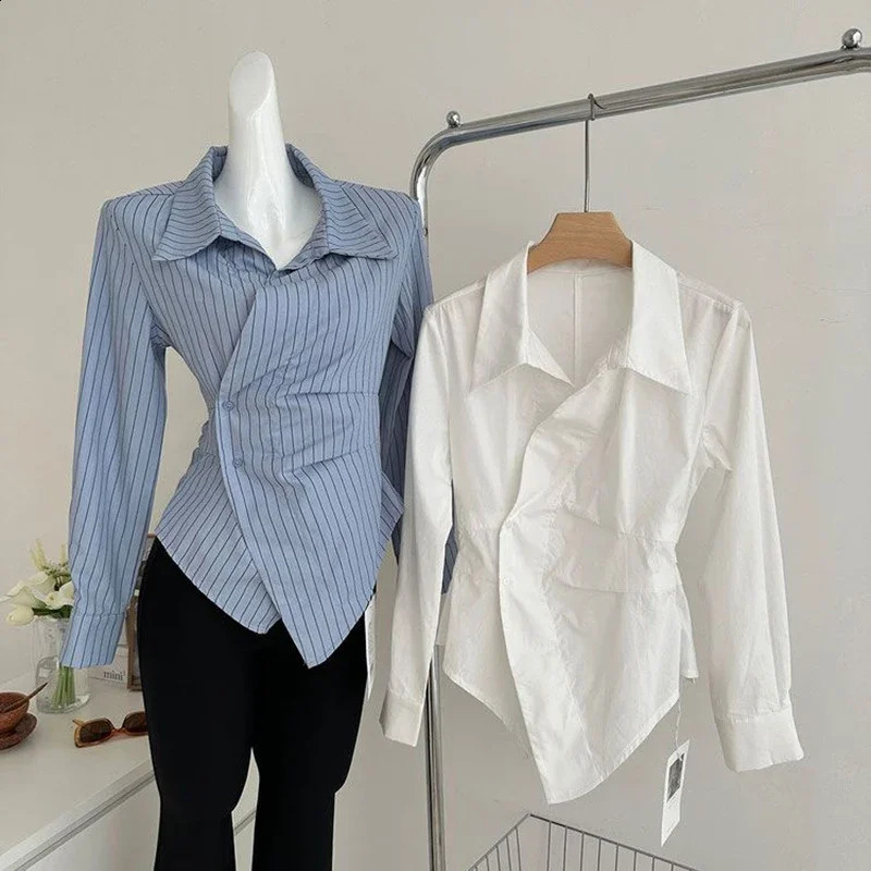 Blue striped womens retro elegant irregular waist white top Korean long sleeved fashionable button ultrathin n 250319