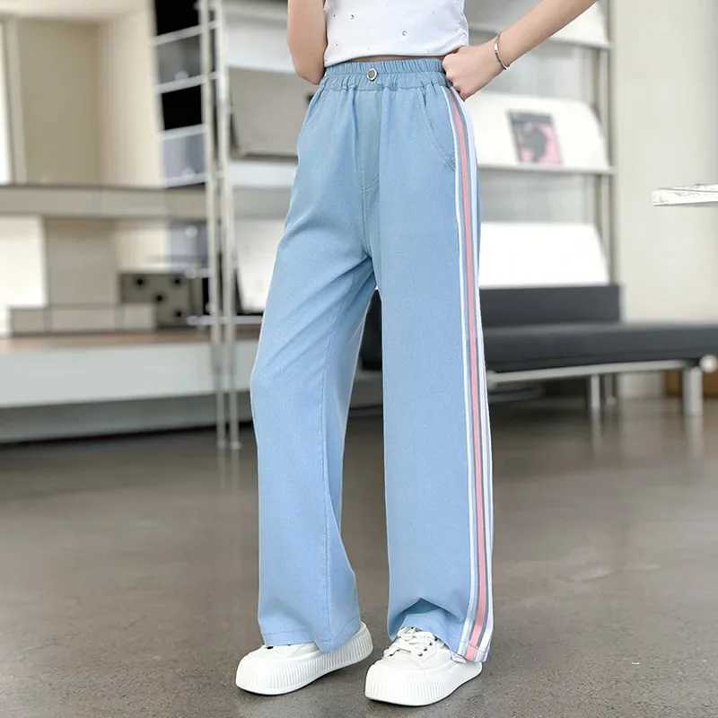 Summer Ice Silk Cotton Jeans Girls Soft High Waist Wide Leg Pants Kids Thin Loose Casual Trousers Ankle Length Cool Denim PantsT250318