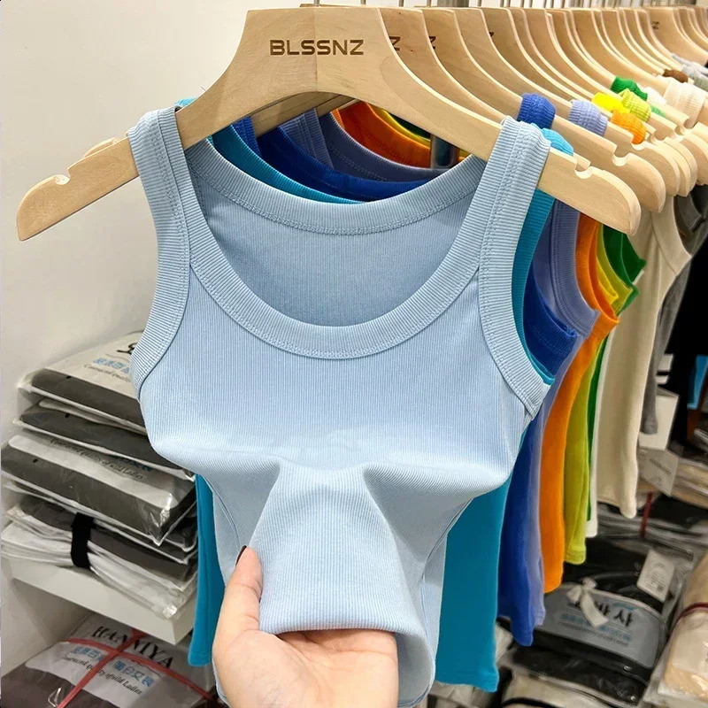 2025 solid color basic rib knitted vest womens summer retro sleeveless Camis girls street clothing soft Tshirt 250319