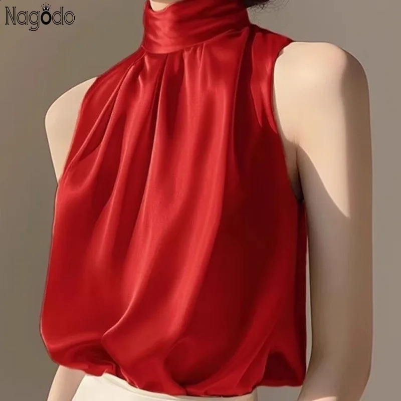 2025 Silk Satin Sleeveless Crop Top Summer Half Turtle Collar Womens Folded Tshirt Sleeve Vest Loose Shirt Red Party 250319