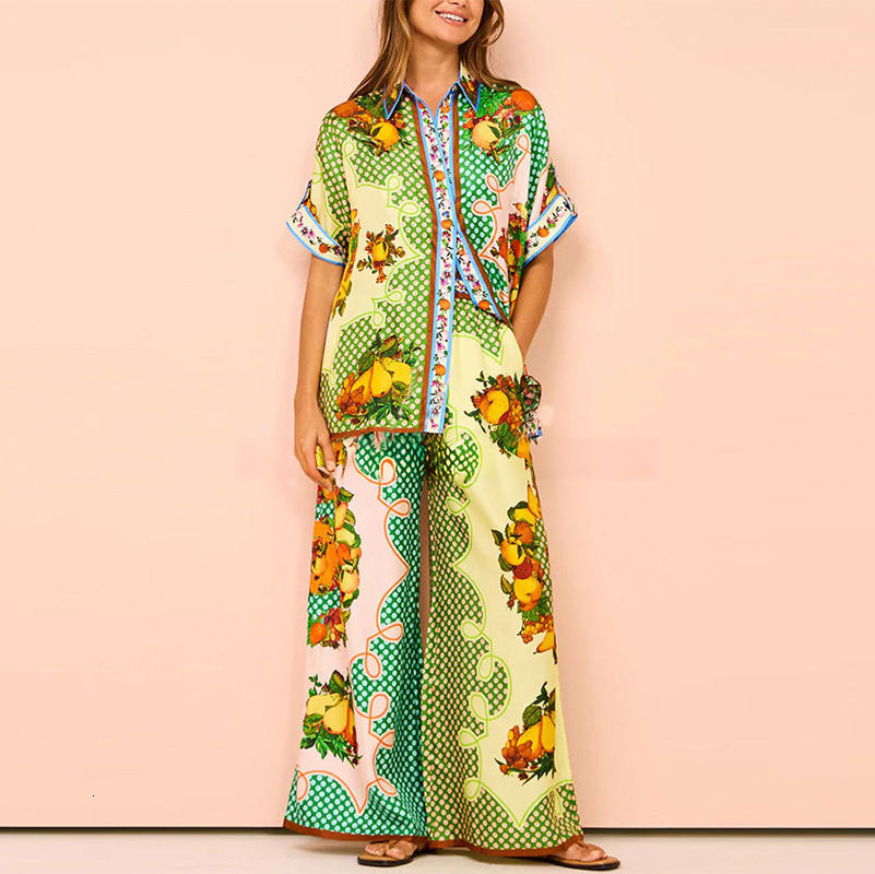 2025 style commuting printed color blocked short sleeved shirt, wide leg pants, spring women's suit