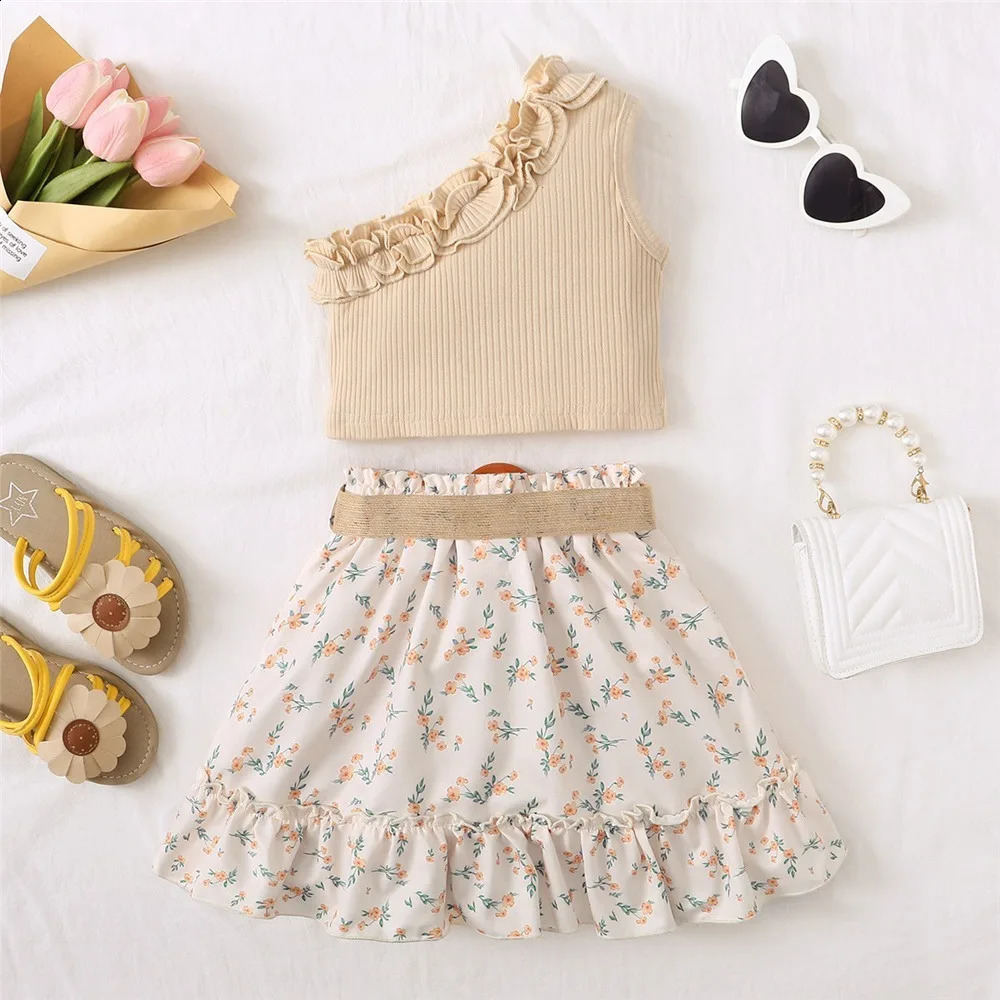 2PCS Kids Baby Girl Clothes Set Retro Off-Shoulder Top Flowers Skirt Summer Cute Sense Of n Suit For Child Girl 1-6 Years 250319
