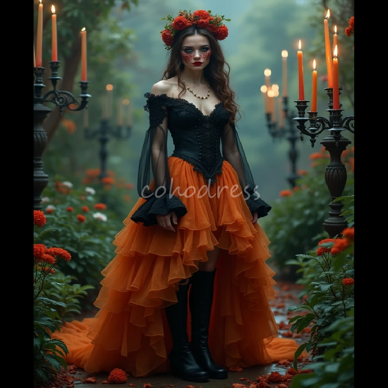 Ethereal Gothic Renaissance Prom Dress Black And Orange Steampunk Fantasy Costume Hi Low Victorian Evening Dress Elf Party Masquerade Obsessed Vestio 