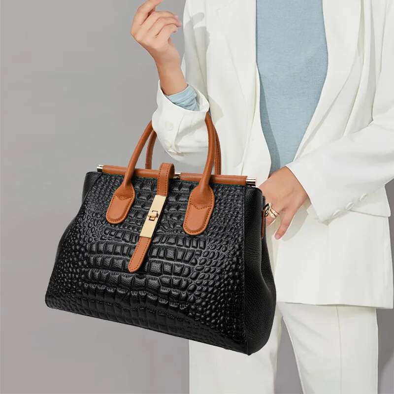 Aidrani New Women's True Leather Handbag, Large Capacity Crocodile Pattern Cowhide Bag