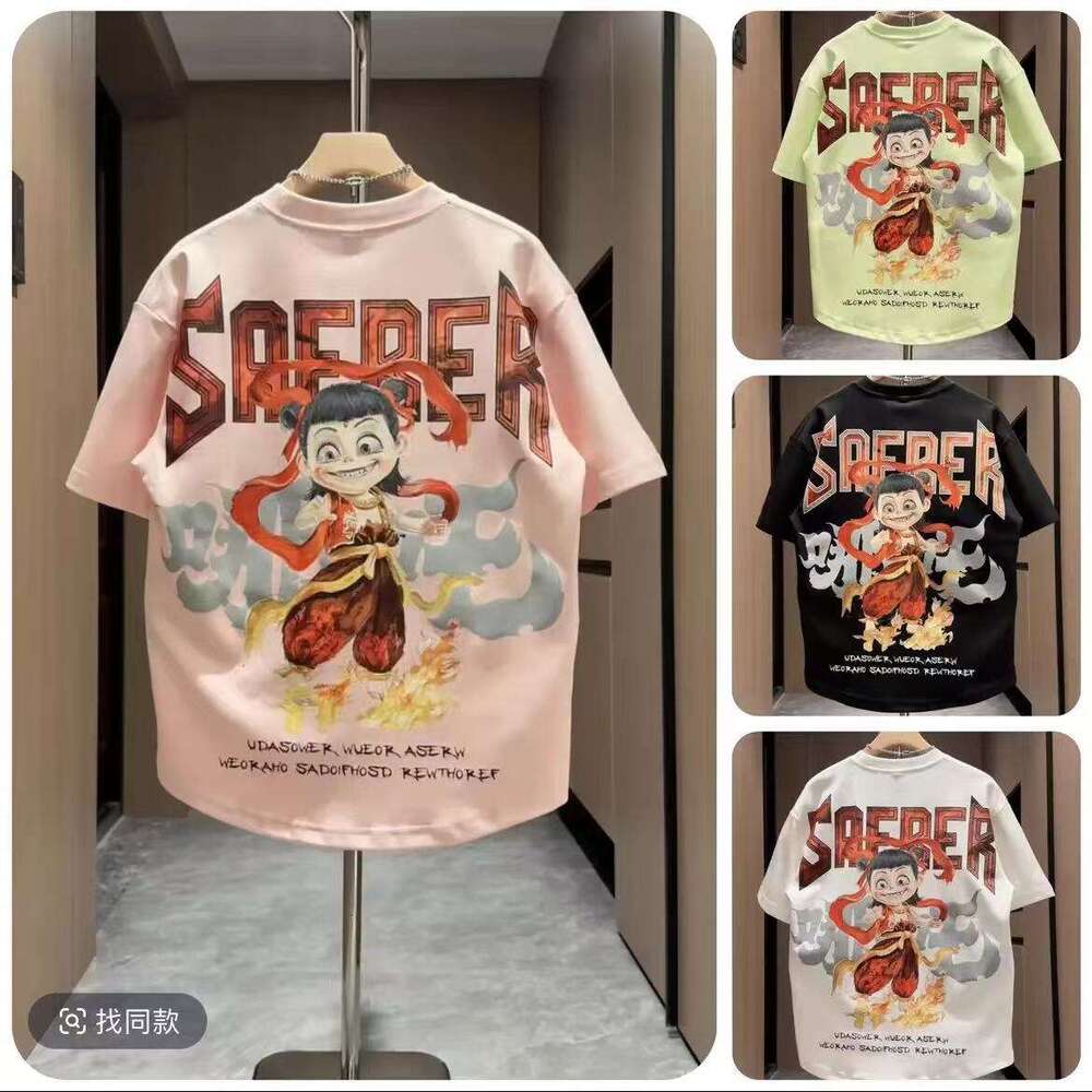 2025 Summer New Trendy Brand Nezha Printed Color Painting Rascal Handsome Casual Men's Short sleeved T-shirt Couple Top Primer