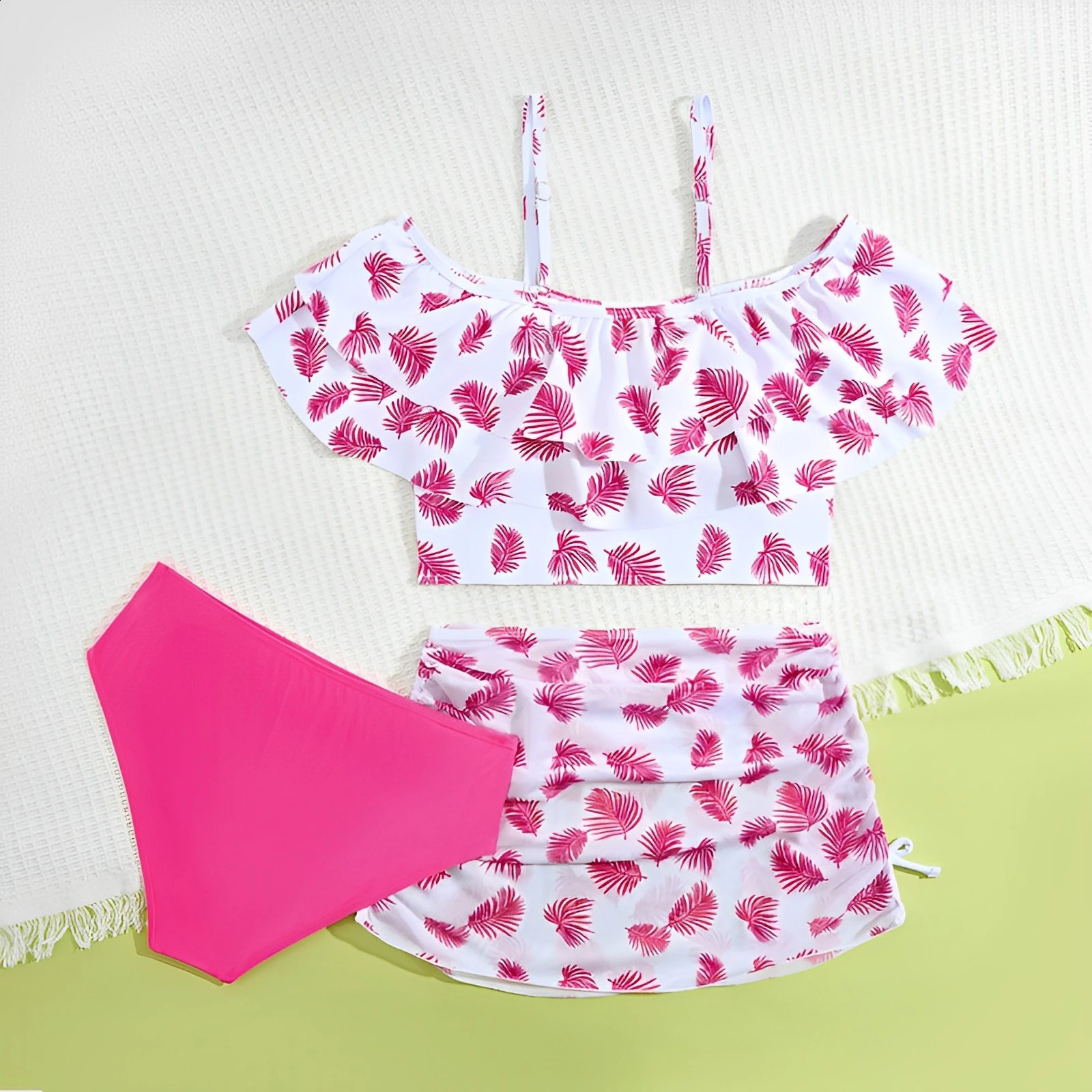 3 Pieces Ruffle Bikini 2025 Girls Swimsuit High Waist Kids Swimwear Female Beach Skirt Children Swimming Bathing Swim Suit 250319