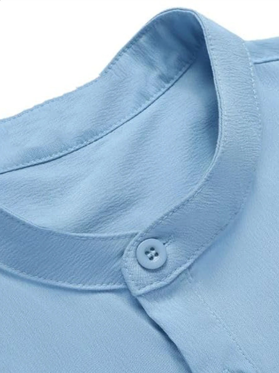 Mens casual hippie style collarless Henry collar vest street clothing solid color loose fit Tshirt summer 250319