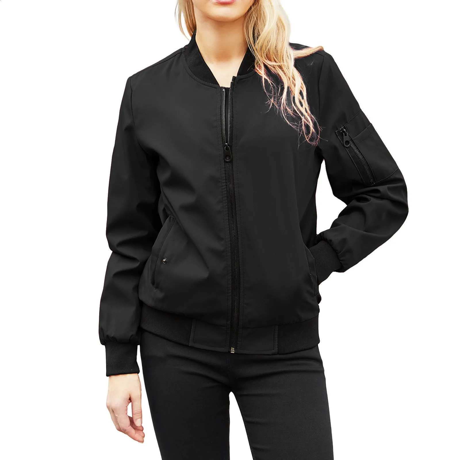 Autumn Solid Sports Bomber Jacket for Women Long Sleeve Thin Slim Coat Casual Windbreaker Stand Collar Zip Up Tops 250317