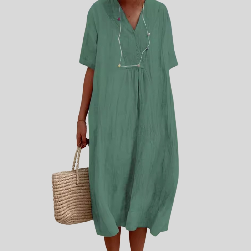 Cotton and linen spot women's clothing solid color, big V-neck fashion style loose short-sleeved dress