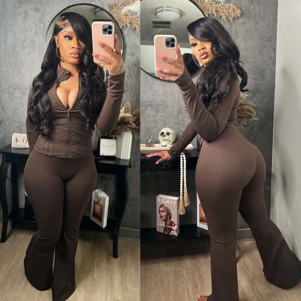 Fall 2024 Women Clothes Two Flared Pants Tracksuits Casual Gym Active Wear 2 Piece Set Lounge Womens Matching Sets