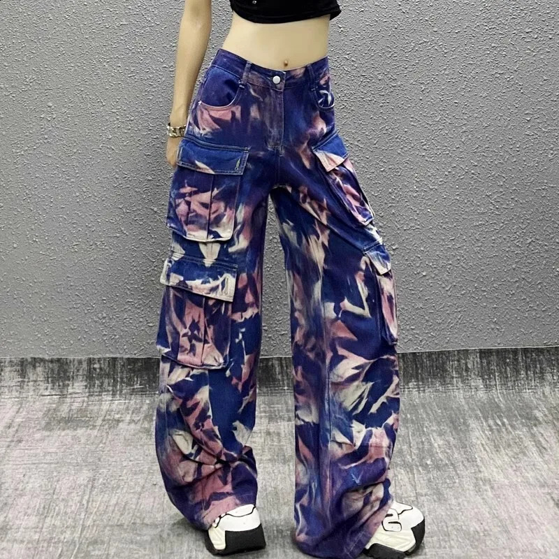 #2201 Tie Dye Printed Wide Leg Jeans Women Streetwear Long Cargo Side Pockets Loose Straight Denim Female Hip Hop 250317