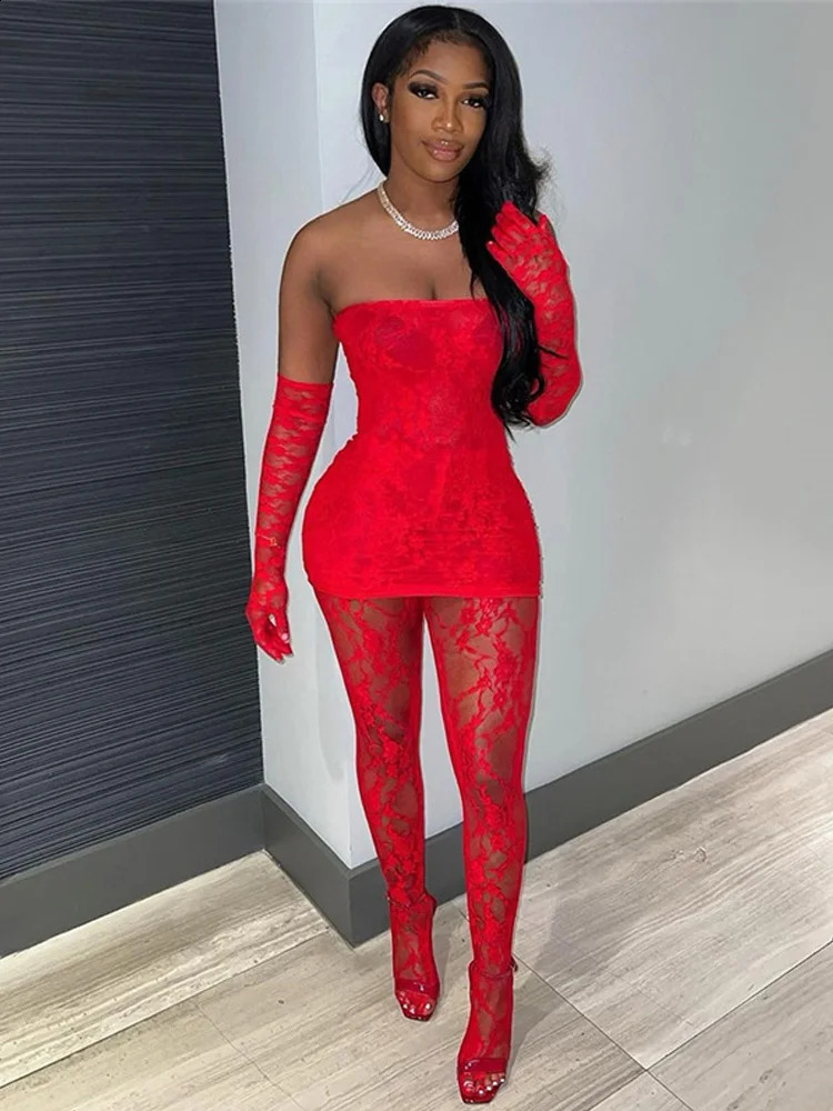 Weird Puss Sexy Lace Women 2Piece Set Tube DressSee Through Stockings Coquette Girls Club Nightout Party Matching Outfits 250319