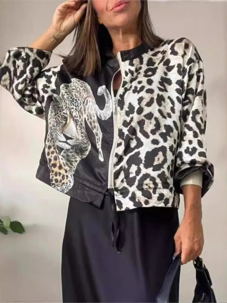 Retro womens leopard print jacket long sleeved zipper jacket O-neck spring/summer womens casual jacket 250317