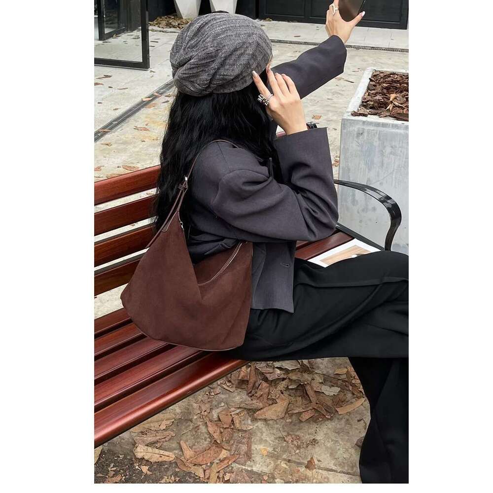 Women Niche Suede Pouch Underarm Bags Retro Matte Cowhide Shoulder Crossbody Handbag Trendy Bag